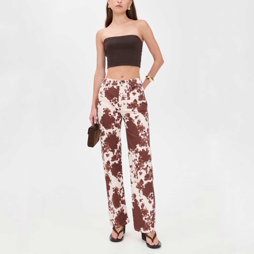 Reformation Val 90s Mid Rise Straight Jeans Cowhide Print Brown White Sz 26 NEW